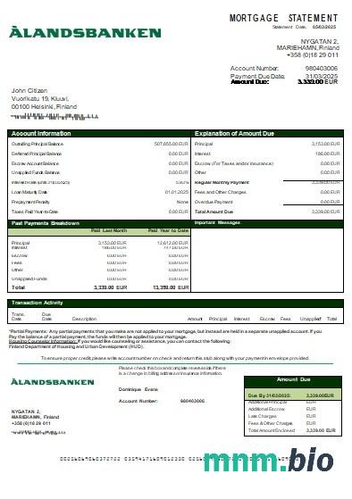 Finlandia Bank Aland wyciąg z kredytu hipotecznego szablon Word i PDF